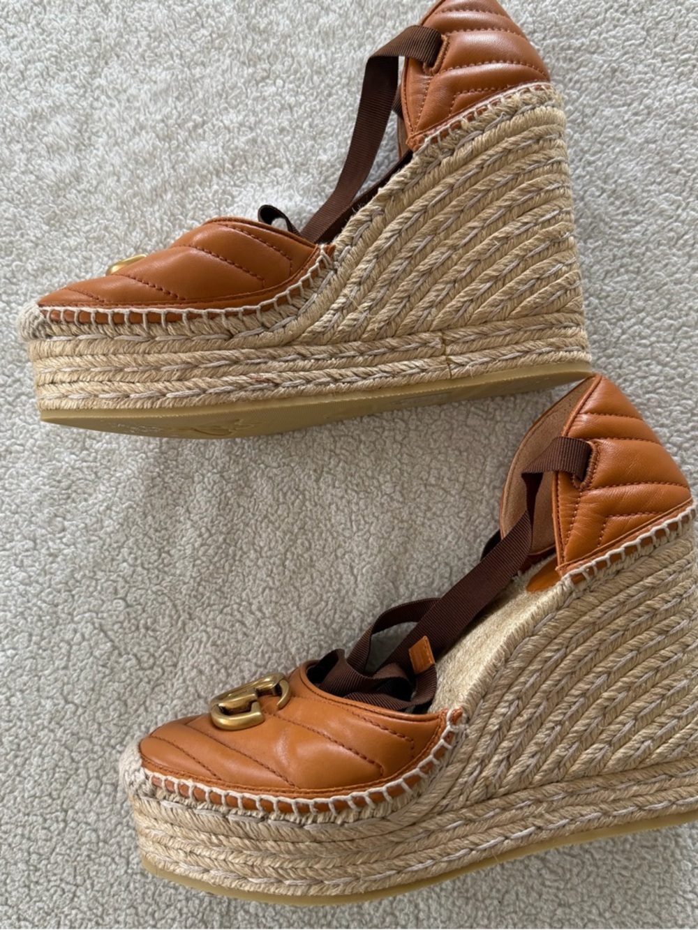 Gucci Cognac Leather GG Espadrille Wedge Sandals - Picture 5 of 7